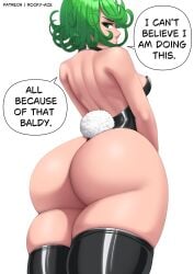 1girls artist_signature ass ass_focus bare_back black_legwear bubble_butt bunny_girl bunny_tail bunnysuit digital_media_(artwork) embarrassed female green_eyes green_hair highres huge_ass one-punch_man rocky-ace short_hair sideboob tatsumaki thick_thighs thighhighs wide_hips