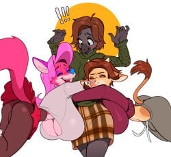 ! anthro big_ass blue_nose blush boob_squish breast_squish brown_hair cow_boy cow_form cow_horns crackiepipe crackiepipe_(character) crow denisse_(crackiepipe) double_hug fox_girl frilled_skirt heart hugging hugging_from_behind male_(lore) no_panties olivia_(doodle_dip) pantyhose pink_fur plaid_skirt post_transformation skirt surprised sweater sweatpants tight_clothing tight_hug tights underboob