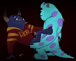 2boys anal anal_sex anthro black_background blue_fur clothed clothing cum disney fur furry gay half-dressed horn ifv johnny_worthington_iii male male_only missionary_position monster monsters_inc monsters_university no_humans penetration penis pixar sex simple_background sulley yaoi