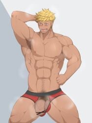 armpit armpit_hair balls bara bulge flaccid granblue_fantasy hand_behind_head kai_(artist) male_only muscles muscular musk penis solo solo_male sweat sweating underwear vane_(granblue_fantasy)