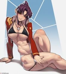 1girls abs alternate_hairstyle bare_legs bare_thighs big_breasts biting_lip blush bra brown_eyes clothed clothing color female female_focus female_only fit_female hi_res large_breasts light-skinned_female light_skin long_hair looking_at_viewer misato_katsuragi neon_genesis_evangelion