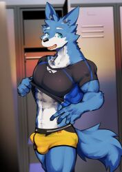 abs absurd_res anthro asleepchef balls_outline biceps blue_body blue_eyes blue_fur boxers_(clothing) bulge canid canine canis clothed clothing clothing_lift detailed_bulge domestic_dog erection erection_under_clothing fur genital_outline hair hi_res hybrid locker_room male mammal multicolored_body multicolored_fur muscular muscular_male pecs penis_outline pose shirt shirt_lift smile solo standing topwear two_tone_body two_tone_fur underwear undressing wolf yakumo_(asleepchef)