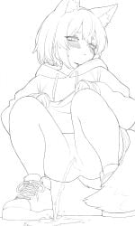 animal_ears bottomless clothes_lift crying crying_with_eyes_open female fox_ears fox_girl fox_tail highres hood hood_down hoodie hoodie_lift line_art long_sleeves monochrome original pee_puddle peeing pussy shoes short_hair sneakers tail tears tsuno_(tuno_mist)