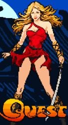 1female 1girls adam_sandler_movie breasts cleavage dojo_quest_(pixels) legs pixel_art pixels_(movie) sword weapon