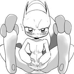 annoyed blush digitigrade female feral flat_chested japanese_text mega_mewtwo_y mewtwo nintendo pokemon pokemon_(species) pokemon_xy pussy sitting solo spread_legs spread_pussy spreading text video_games