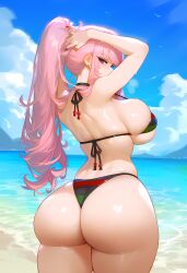 ai_generated beach hololive light-skinned_female looking_at_viewer looking_back mori_calliope pan-african_flag pan-african_flag_bikini pink_hair vtuber