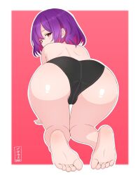 artist_name artist_request ass_focus big_ass feet looking_at_viewer oasis_stella purple_hair red_eyes shiny_skin topless underwear_only viewed_from_behind