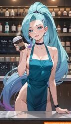 ai_generated apron barista blue_eyes blue_hair blue_hair_female coffee_shop female girl gloriousevolution34 k/da_all_out_seraphine k/da_all_out_series league_of_legends league_of_legends:_wild_rift riot_games seraphine_(league_of_legends) video_games