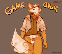 2024 anthro balls biped bottomless bottomless_anthro bottomless_male canid canine closed_eyes clothed clothing digital_media_(artwork) flaccid fox fox_mccloud fur game_over gameplay_mechanics genitals lawyerdog male male_only mammal multicolored_body multicolored_fur nintendo orange_body orange_fur penis small_penis solo star_fox two_tone_body two_tone_fur white_balls white_body white_fur