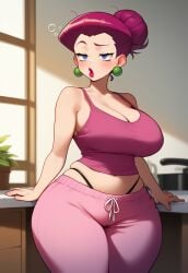 ai_generated big_lips eyeliner jessie_(pokemon) large_ass large_breasts lipstick lubbasdump magenta_hair midriff morning pajama_pants sleepy tank_top wide_hips