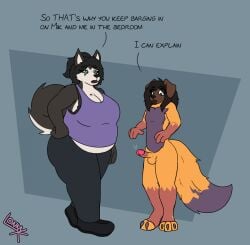 anthro belly_overhang bra_strap breasts canid canine canis cleavage clothed clothed/nude clothing dialogue domestic_dog duo english_text erection female genitals head_swap hi_res husky kayla_(lonnyk) lonnyk male male/female mammal nordic_sled_dog nude overweight overweight_female penis size_difference sonia_(lonnyk) spitz text unwanted_erection