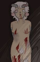 bull cutting naked scared_expression snuff tied_arms white_hair wounded