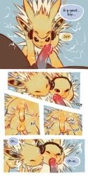 bodily_fluids comic cum earmuffs eeveelution electricity english_text feral floofyskydraws fur generation_1_pokemon genital_fluids genitals good_boy group hi_res human humanoid_genitalia humanoid_penis jolteon leaking_cum licking male male/male mammal neck_tuft nintendo penis pokemon pokemon_(species) pokephilia simple_background sparks text tongue trio tuft yellow_body yellow_fur