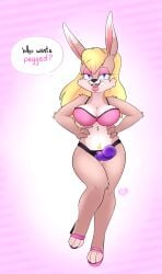 anthro bra breasts cleavage clothed clothing dildo ear_piercing fan_character feet female footwear furry half-closed_eyes hi_res lagomorph leporid mammal minxydoodle narrowed_eyes navel navel_piercing piercing rabbit sandals sex_toy shoes solo strapon underwear