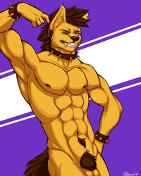 2013 abs anthro balls biceps big_muscles black_nose bracelet canine collar ear_piercing feralise fur furry hand_on_hip jackal jewelry male male_only muscles nude one_eye_closed pecs piercing pinup pose pubes scar sheath solo spiked_collar wink