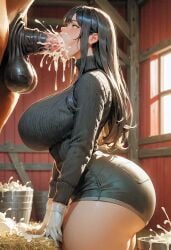 ai_generated barn black_hair blowjob cum_in_mouth cum_inside deepthroat girl green_eyes horse original sex tagme zoophilia