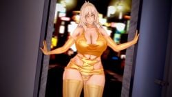 3d 3d_model alternate_version armwear dress female female_focus kana_aoyama koikatsu light_skin nipples_visible_through_clothing original original_character solas_(artist) solo solo_female solo_focus spidey-dude thick_thighs thighhighs yellow_dress