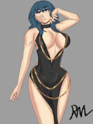 1girls alternate_costume bare_arms bare_shoulders bare_thighs blue_eyes breasts byleth_(fire_emblem) byleth_(fire_emblem)_(female) cleavage female female_only fire_emblem fire_emblem:_three_houses grey_background hiryuu large_breasts looking_at_viewer medium_hair modakawa_dress nintendo pelvic_curtain shoulders sideboob solo teal_hair thighs