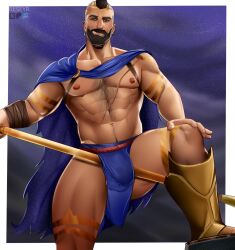 abs atreus_(league_of_legends) balls_under_clothes bara beard biceps big_bulge bulge bulge_through_clothing cape daddy hairy_chest league_of_legends looking_at_viewer male male_focus male_nipples male_only manly mature_male muscular muscular_male nipples pantheon pecs penis_outline penis_under_clothes reseyr riot_games tattoos