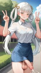 1futa ahe_gao ai_generated balls cum dickgirl ejaculation futanari gold_skirt intersex jinhsi_(wuthering_waves) pencil_skirt penis slitless_pencil_skirt testicles tight_pencil_skirt twintails white_shirt wuthering_waves yuuki_snow