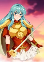 1girls aqua_hair armor bare_arms bare_thighs belt blue_eyes blue_hair breastplate breasts cape eirika_(fire_emblem) female female_only fingerless_gloves fire_emblem fire_emblem:_the_sacred_stones gloves haryudanto holding holding_weapon long_hair medium_breasts miniskirt nintendo open_mouth outdoors shirt shocked short_sleeves shoulder_pads skirt solo steam sunset sword thick_thighs thighs very_long_hair weapon
