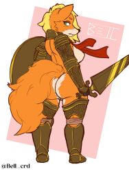 3:4 anthro armor ass bell_crd blonde_hair breasts canid canine female fox fur green_eyes hair hi_res izalith_neferith mammal melee_weapon orange_body orange_fur shield solo solo_focus sword tail weapon