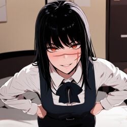 1girls ai_generated black_hair chainsaw_man demon demon_girl devil devil_girl female heroine light-skinned_female looking_at_viewer mitaka_asa orange_eyes ringed_eyes scar scar_on_face school_uniform schoolgirl smiling_at_viewer spiral_eyes yoru_(chainsaw_man)