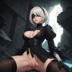 1girls ai_generated blindfold blindfolded breast_cutout breasts breasts_out dress elbow_gloves female female_only hairband nier:_automata nipples no_panties pussy short_hair sitting solo thighhighs white_hair yorha_2b