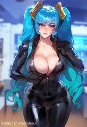 1girls ai_generated big_breasts biker_clothes blue_eyes blue_hair blush clothed clothing color female female_focus female_only hi_res inner_sideboob large_breasts league_of_legends light-skinned_female light_skin long_hair looking_at_viewer mistarman riot_games solo solo_female sona_buvelle tagme thick_thighs