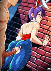 1boy 1girls absurd_res against_wall ass balls blue_pantyhose bunny_ears bunny_tail bunnysuit capcom clothed_female_nude_male darkstalkers detached_collar female fishnet_pantyhose from_behind leotard lilith_aensland looking_back male nude nude_male pantyhose penetration penis pumpkinsinclair purple_hair red_eyes succubus torn_pantyhose vaginal_penetration wrist_cuffs