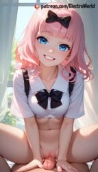 1boy 1girls ai_generated blue_eyes bottomless clothed cowgirl_position cum_in_mouth electroworld fujiwara_chika happy imminent_sex kaguya-sama_wa_kokurasetai_~tensai-tachi_no_renai_zunousen~ male/female moaning nude pink_hair pussy pussy_juice riding riding_penis school_uniform shy1girl smile uncensored