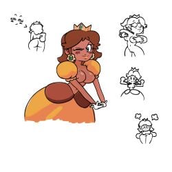 angry blackwashed blush brown_hair domnirch exposed_breasts mario_(series) nip_tease nipple_rub nipple_tweak pervert pose princess_daisy showing_ass smug touching_breast