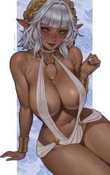 1girls amber_eyes areola_slip art_trade blush breasts brillance_(ultrabinou) cleavage dark-skinned_female dark_elf dark_skin elf elf_ears elf_female female female_only hi_res inspyart laurel_crown looking_at_viewer revealing_clothes sitting skimpy skimpy_clothes skimpy_dress smiling smiling_at_viewer solo white_hair