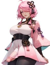 1futa ai_generated dickgirl esendor futa_only futanari huge_breasts large_penis pink_hair purple_eyes simple_background solo stable_diffusion taoqi_(wuthering_waves) uncut wuthering_waves