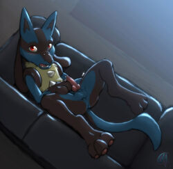 1boy blush canine caught cum cum_on_face cum_on_hand cum_on_self dark_nek0gami erection furry looking_at_viewer lucario male male_only masturbation nintendo penis pokemon pokemon_(species) red_eyes solo spread_legs spreading testicles video_games