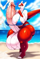 ai_generated autopaizuri beach bikini cum cumshot ejaculation excessive_cum futa_monster futanari huge_breasts huge_butt hyper_balls hyper_penis intersex latias novelai pokemon pokemon_(species) sibal123 sweat thick_thighs veiny_balls