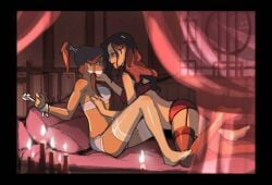 2girls arms_tied asami_sato ass avatar_legends avatar_the_last_airbender bed blue_eyes bondage bra breasts brown_hair candles canon_couple canopy_bed chocolate_and_vanilla cleave_gag dark-skinned_female female female_only gag gagged garter_straps heartgear human korra lesbian light-skinned_female lingerie long_hair medium_breasts midriff multiple_girls on_bed panties pillow ponytail red_bra red_lingerie red_panties source_request the_avatar the_legend_of_korra thighhighs water_tribe white_bra white_lingerie white_panties yuri