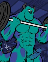 2011 abs anthro balls barbell bgn biceps big_balls big_muscles big_penis blue_eyes body_markings disney erection gym horn male male_only markings monster monsters_inc penis pixar solo sulley weightlifting weights