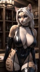 ai_generated animal_ears anthro artist_name bare_shoulders black_leotard black_thighhighs blue_eyes breasts cat_ears cat_girl choker cleavage collar covered_navel cowboy_shot detached_sleeves female female_anthro furry furry_female garter_straps hi_res high_resolution highleg highres indoors large_breasts leotard looking_at_viewer photorealistic realistic sitting smile solo stable_diffusion tail thighhighs twitter twitter_username watermark white_hair yiffyjiffy2 yiffyjiffy69