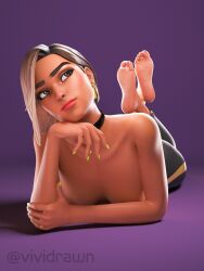 alternate_version_available antonia_(fortnite) breasts choker clothed clothed_female clothing dark-skinned_female dark_skin feet feet_fetish feet_focus foot_fetish foot_focus fortnite head_tilt laying_down laying_on_stomach looking_up multicolored_hair partially_clothed partially_clothed_female shiny shiny_hair shiny_skin soles topless topless_female vividrawn