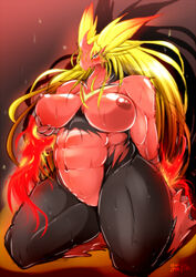 abs anthro avian beak biceps big big_breasts bird black_fur blaziken blonde_hair blue_eyes blush breast_grab breasts chicken chubby female female_only fire fur hair kneeling long_hair looking_at_viewer mega_blaziken mega_evolution muscles muscular_female navel nintendo nipples nude open_mouth plain_background pokemon pokemon_(species) pokemon_xy pussy raised_arm red_background red_fur red_skin shadow shiny solo squint sweat tongue tongue_out video_games white_eyes wide_hips ymbk