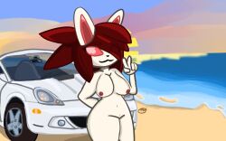 16:10 absurd_res anthro beach breasts female genitals gesture hair hand_gesture hi_res jaed lagomorph leporid mammal nude pecan_(jaed) pussy rabbit sea shaded simple_eyes simple_shading smile solo sunset toyota toyota_mr2 v_sign water widescreen