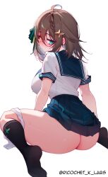 1girls ai_generated ass back_view big_breasts black_socks blush breasts brown_hair green_eyes idol_corp idol_es knee_socks kneehighs kneesocks meica open_legs ricochetk short_hair socks solo_female tagme thighs upskirt virtual_youtuber vtuber white_background