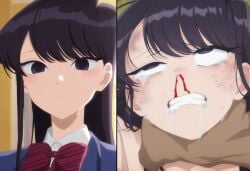 1boy 1girls ai_generated asphyxiation before_and_after before_rape black_eyes black_hair blood bruise bruised choking clenched_teeth crying dark-skinned_male dark_skin female_focus grabbing kichiku-sensei komi-san_wa_komyushou_desu komi_shouko light-skinned_female light_skin nosebleed rape ryona saliva scared scared_expression strangling tear tears