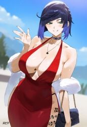 1girls ai_generated blue_hair body_writing curvy dress genshin_impact green_eyes helltoyou interracial jewelry large_breasts mature_female milf mommy queen_of_spades red_dress spade_necklace spade_tattoo spade_vine_tattoo tagme tattoo voluptuous yelan_(genshin_impact)