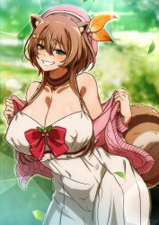 1girls animal_ears ayunda_risu big_breasts brown_hair cleavage female green_eyes grin hat hololive hololive_indonesia huge_breasts looking_at_viewer naoillus nipple_bulge outdoors outside smile squirrel_ears squirrel_girl squirrel_tail tail thick_thighs virtual_youtuber wide_hips