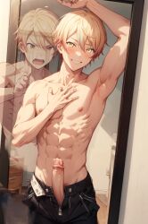 1boy ai_generated blonde_hair blush body_swap cute_male kamishiro_rui male_only mirror_reflection penis possession project_sekai tenma_tsukasa yaoi