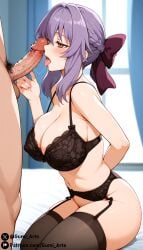 1boy 1girls ai_generated arm_behind_back bedroom black_lingerie blush bra brown_eyes censored cleavage covered_nipples garter_straps gumi_arts hair_ornament hiiragi_shinoa large_breasts licking licking_penis lingerie no_panties open_mouth owari_no_seraph penis penis_on_face purple_hair saliva seraph_of_the_end short_hair sitting stable_diffusion thick_thighs thighhighs tongue_out wide_hips