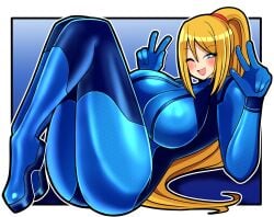 2024 blonde_hair blue_eyes bodysuit huge_breasts iriomote_umineko long_hair metroid nintendo peace_sign samus_aran tagme thick_thighs zero_suit_samus