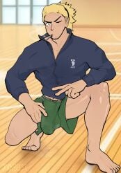 balls_under_clothes bara big_bulge blonde_hair bulge clothing erection_under_clothes haikyuu!! jockbeest male male_only muscular_male penis_outline penis_under_clothes precum ukai_keishin underwear